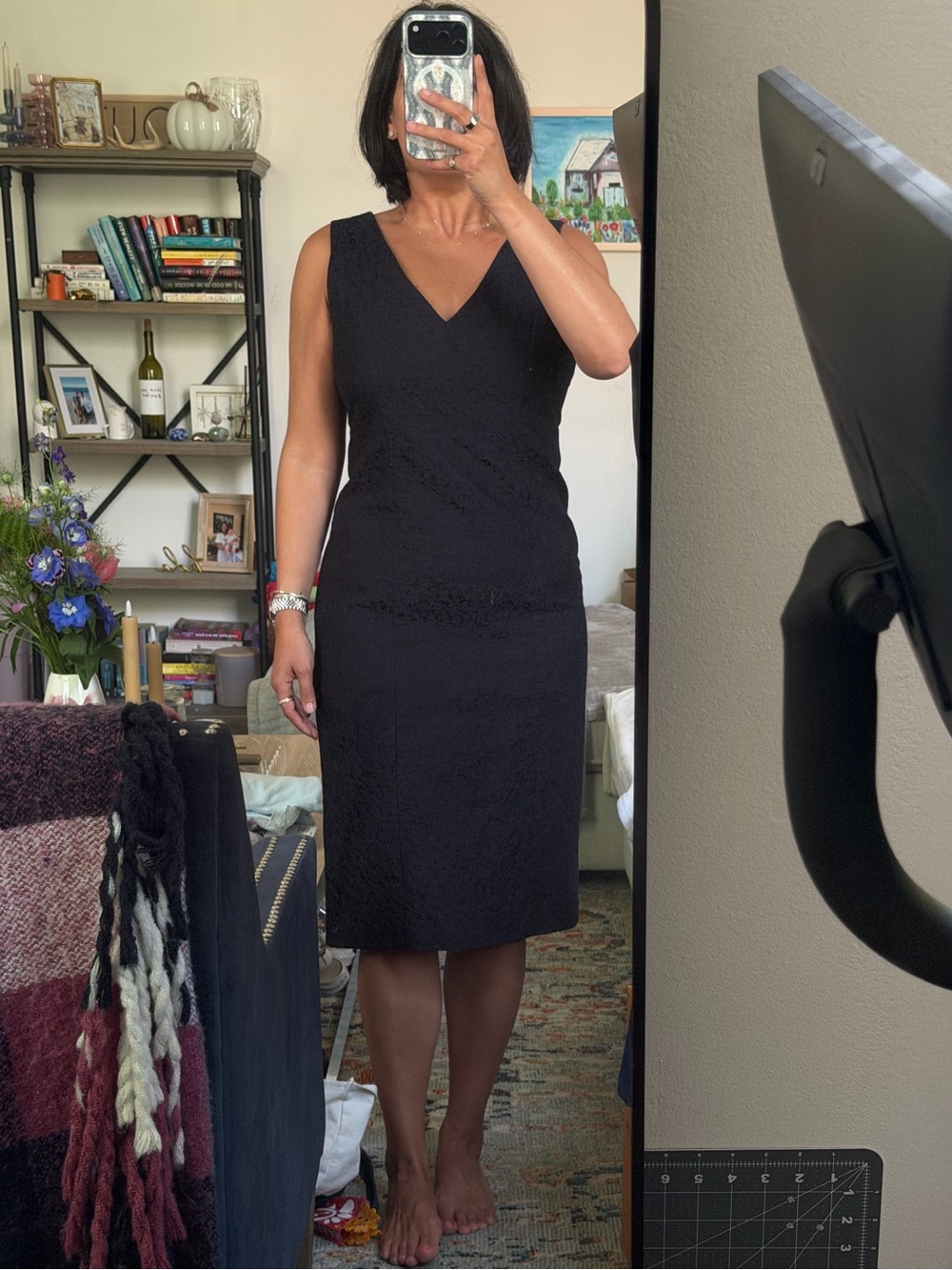 Carolina Herrera Navy Jaquard Sleeveless Midi Dress